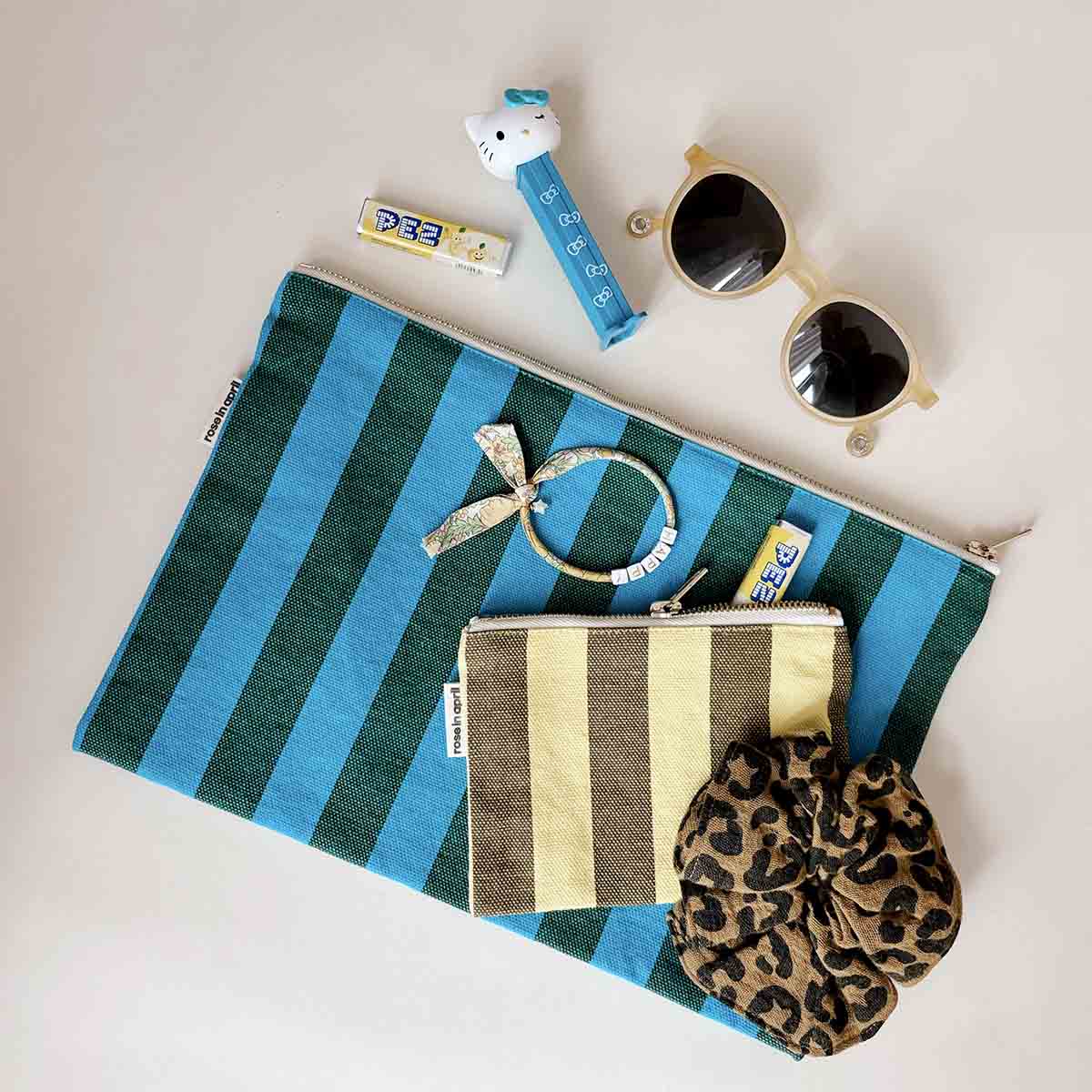 LILI FLAT POUCH STRIPES TURQUOISE / OLIVE