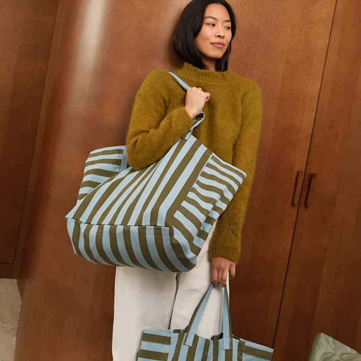 Elisa Tote – Olive & Blue Stripes - Shiva Designs