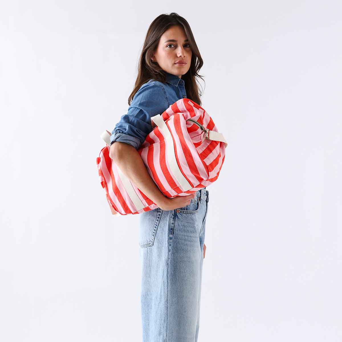 RAPHAEL DIAPER BAG - WEEKEND BAG STRIPES TOMATO /CANDY PINK