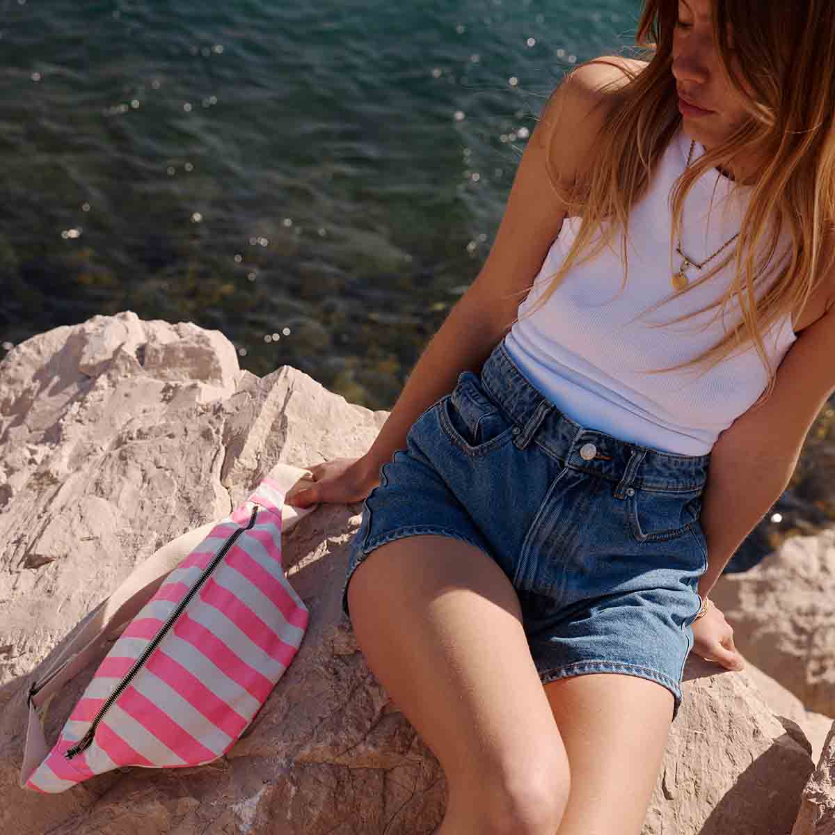 WOMEN BUM BAG STRIPES ECRU AND NEON PINK