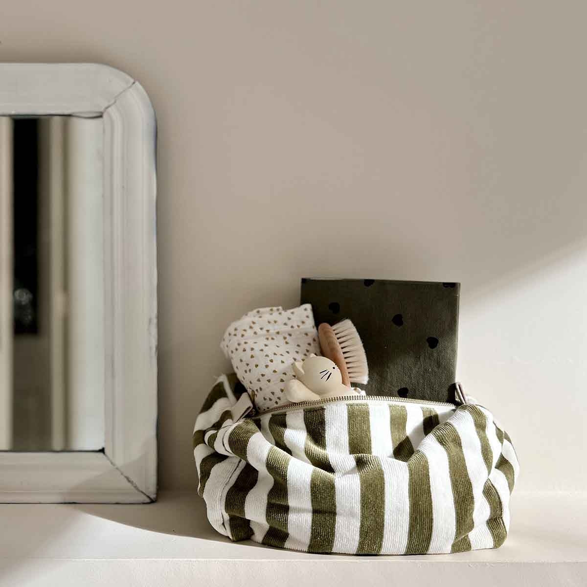 Vic Toiletry Bag – Khaki Stripes Terry - Shiva Designs