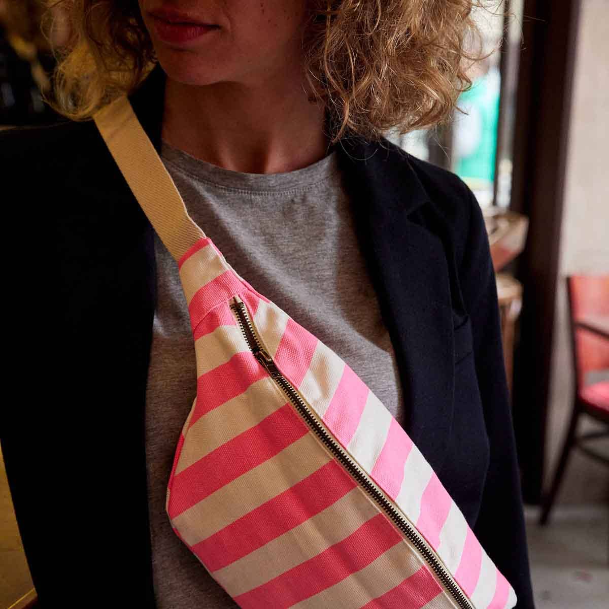 WOMEN BUM BAG STRIPES ECRU AND NEON PINK