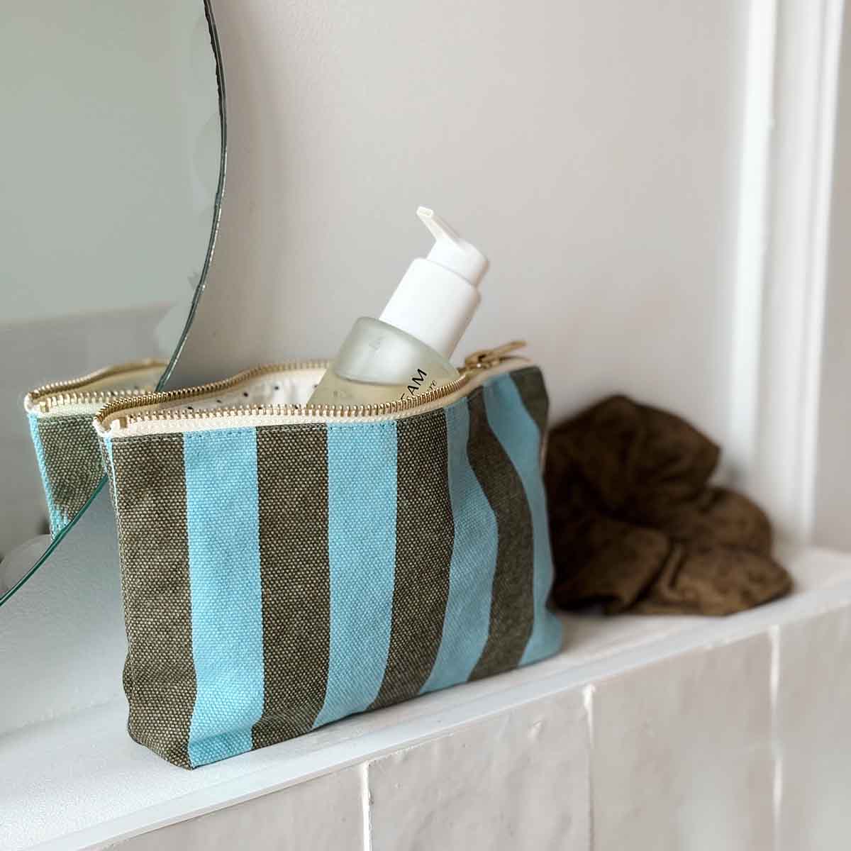 Sophia Pouch – Olive & Blue Stripes - Shiva Designs