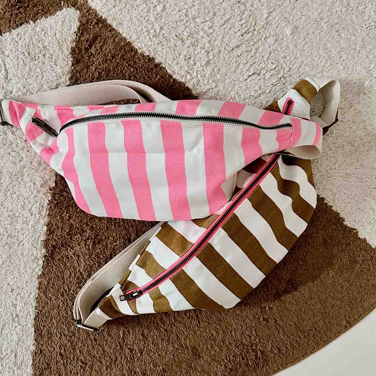 WOMEN BUM BAG STRIPES ECRU AND NEON PINK