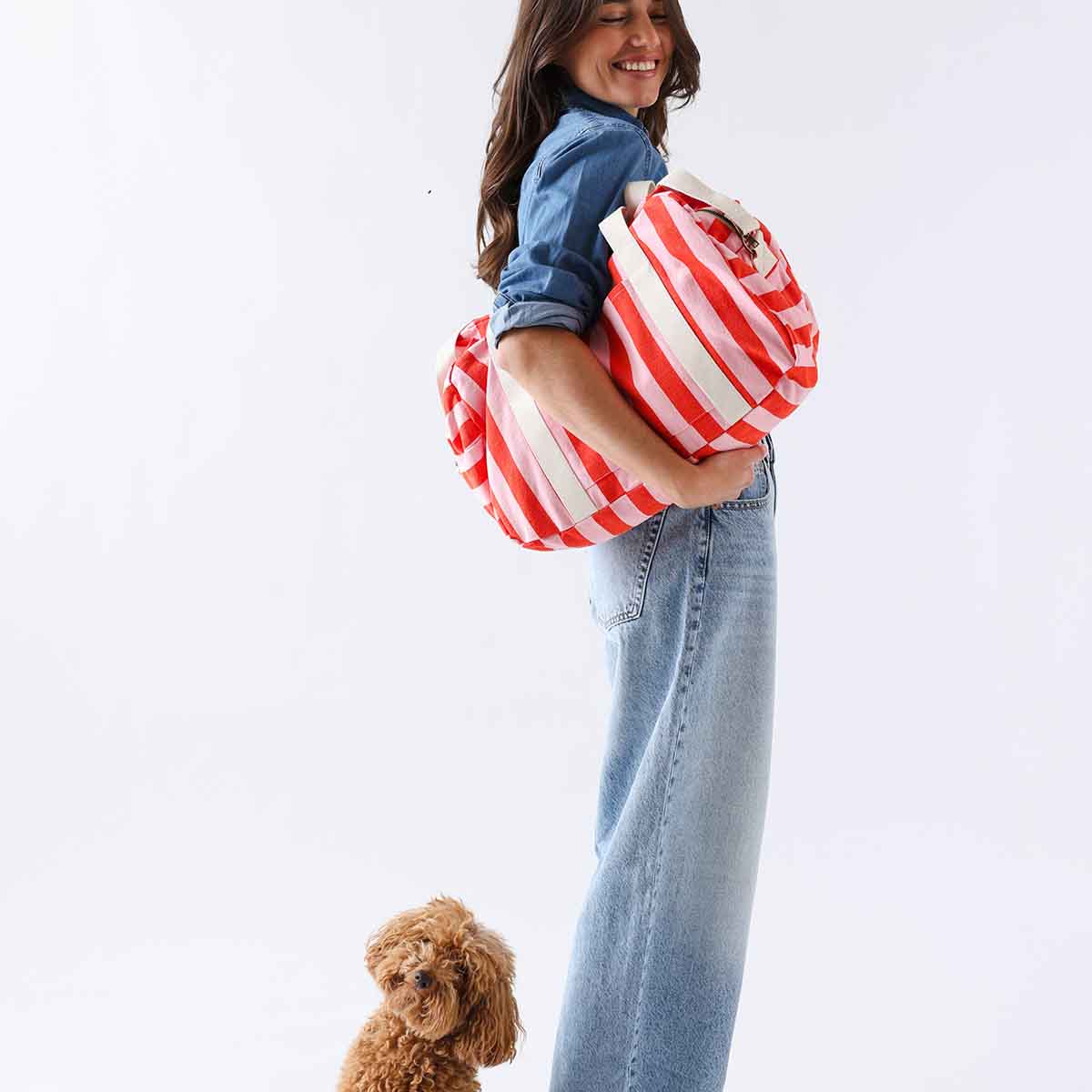 RAPHAEL DIAPER BAG - WEEKEND BAG STRIPES  TOMATO /CANDY PINK