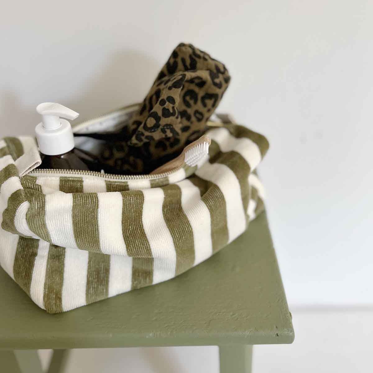 Vic Toiletry Bag – Khaki Stripes Terry - Shiva Designs